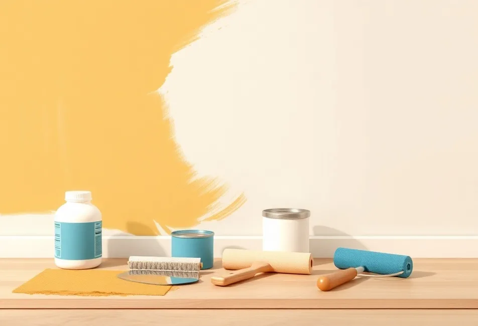 Outils de peinture disposés dans l'ordre des étapes du chantier