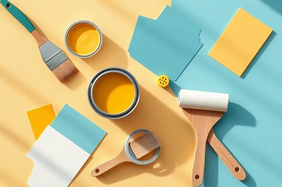 Pots de peinture, nuancier, brosses et rouleaux disposés à plat