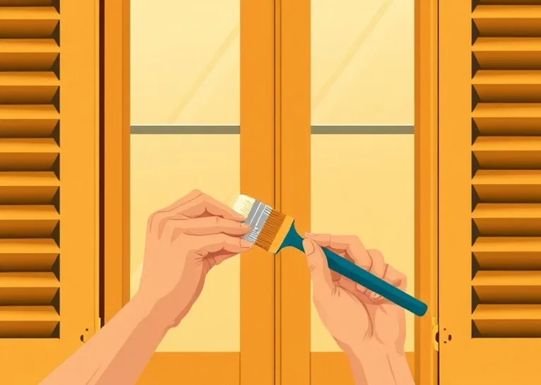 Mise en peinture au pinceau de volets et d'encadrements en bois