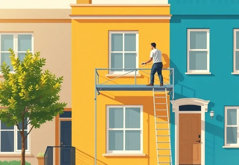 Peintre sur échafaudage traitant la façade d'une maison