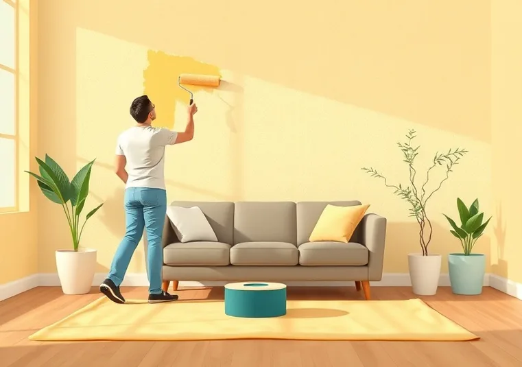 Peintre appliquant la peinture au rouleau sur un mur de salon